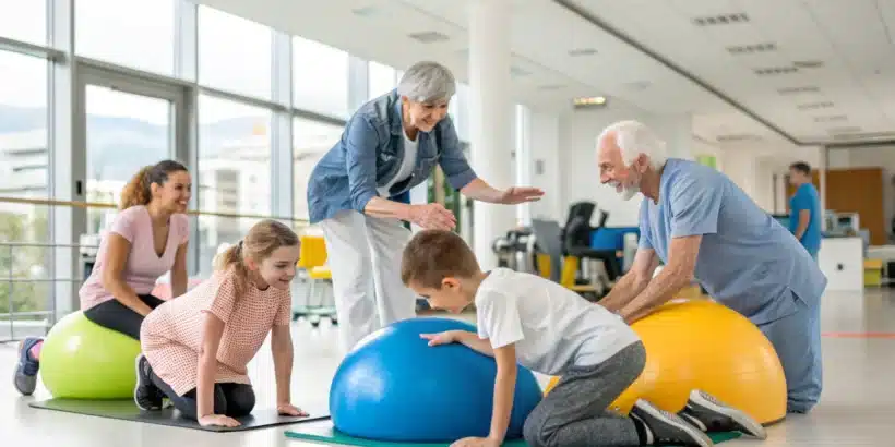 Un petit groupe de patients de tous âges en train de réaliser ensemble des exercices de rééducation sous la supervision d’un thérapeute.